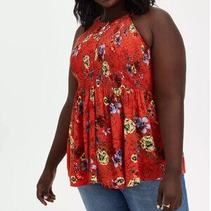 Torrid Babydoll Rayon Crepe Smocked Tank in Red Floral size 3/3x/22/24